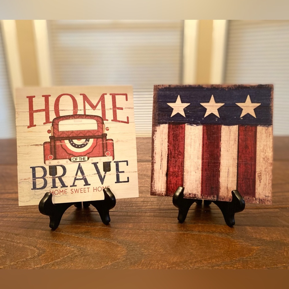 Home Of The Brave Wood Wall Sign & Vintage Style American Flag Wood Wall Sign